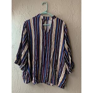 BKE Boutique High Neck Keyhole‎ Cutout Jewel Tone Stripe Blouse Top Size Large
